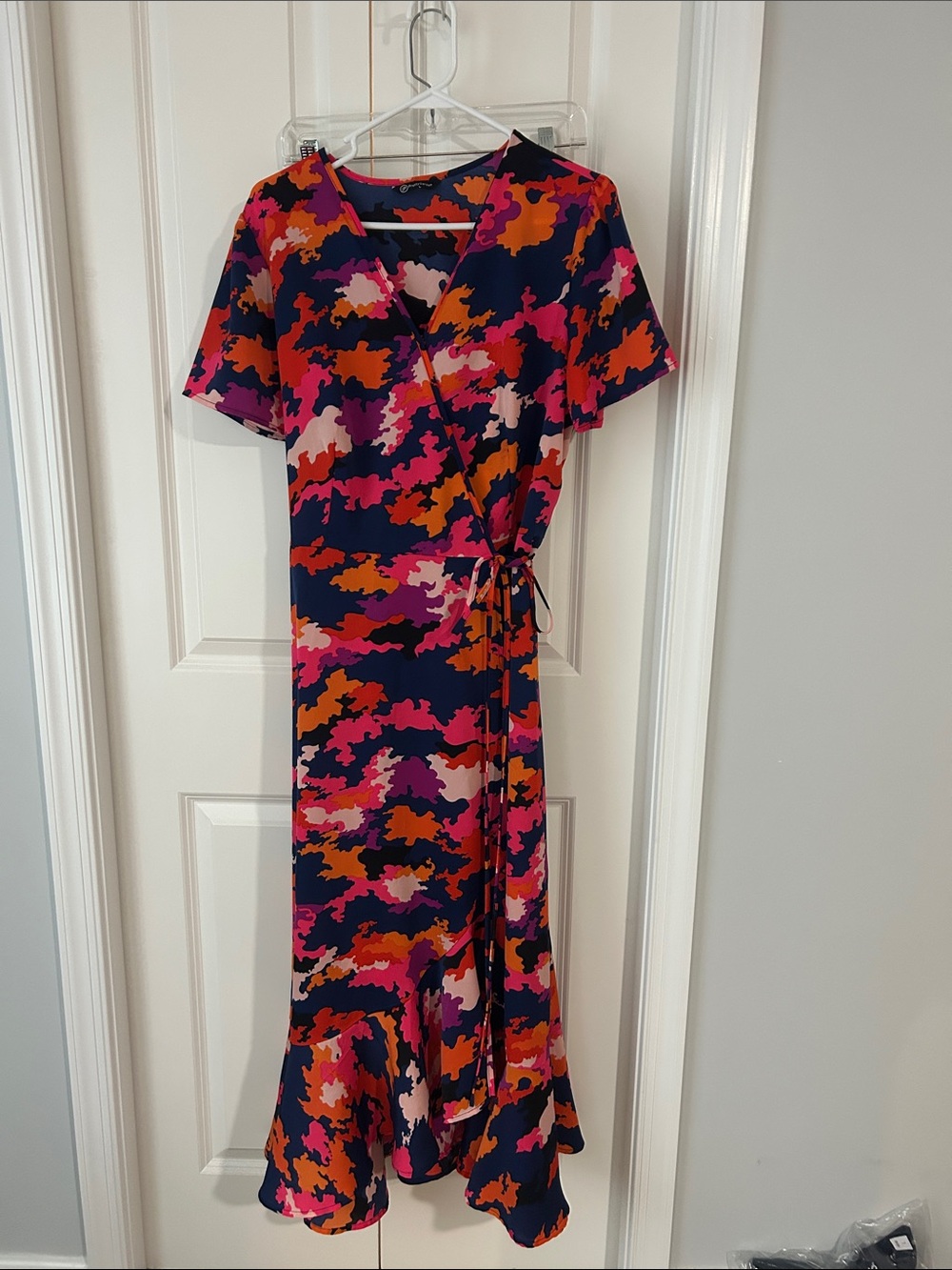 Navy Wrap Midi Dress with Pink & Orange Abstract Print